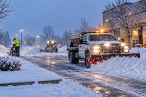 Professional Snow Removal Crew in Southern Wisconsin Professional snow removal crew clearing a commercial parking lot during a winter storm in Southern Wisconsin.